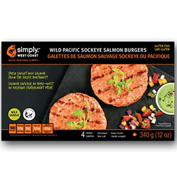 Wild Pacific Sockeye Salmon Burgers (12 x 340g per box) - Simply West Coast